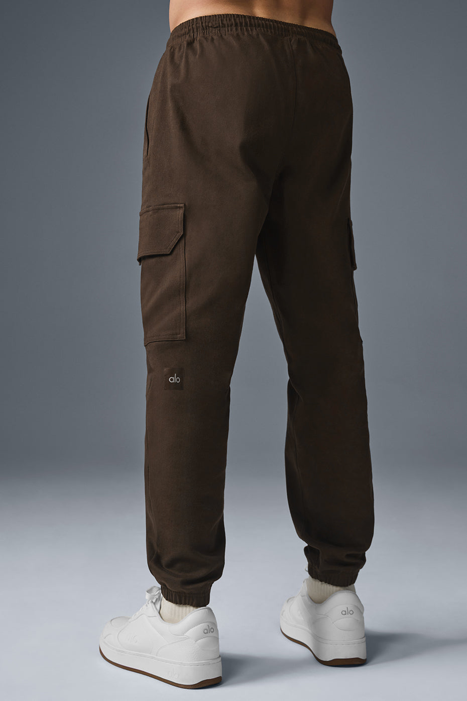 Close-up of the drawcord waistline on sueded joggers.