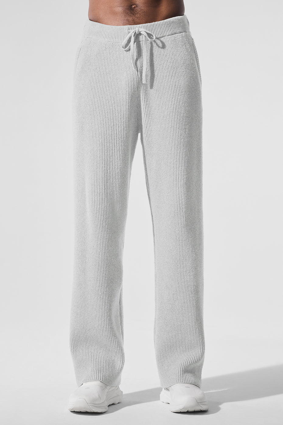 Front view of Domain rib knit athletic pants in heather grey, great for workouts.