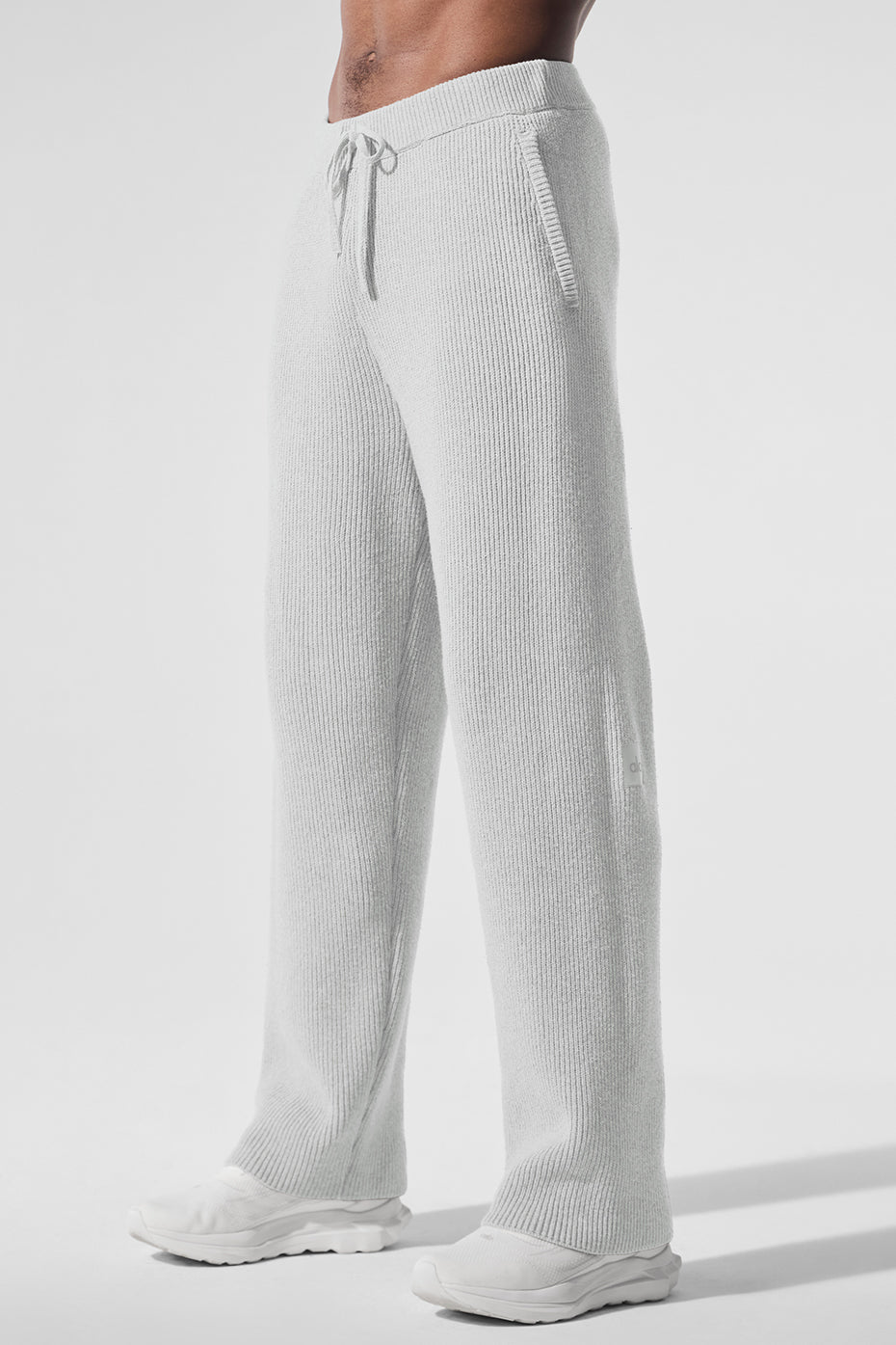 Front view of Domain rib knit athletic pants in heather grey, great for workouts.