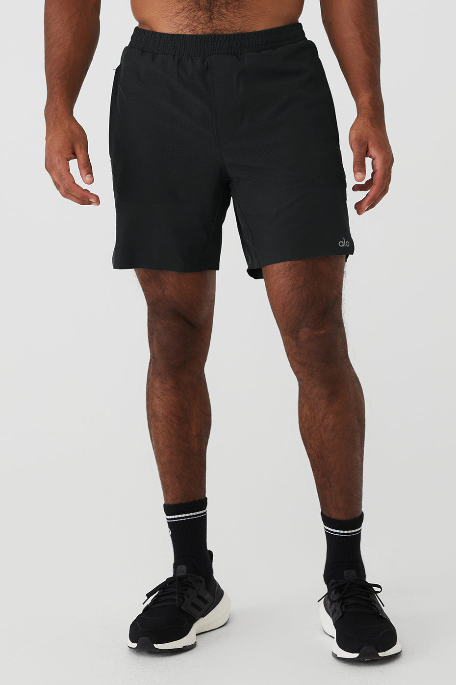 Close-up of Traction gym shorts showing perforated fabric detail