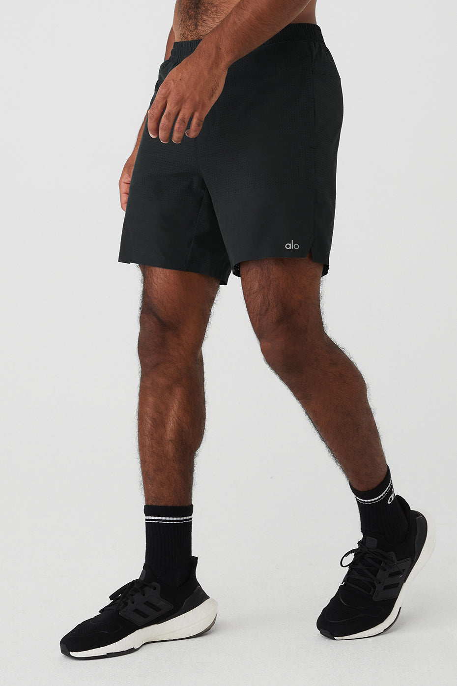 Side view highlighting the zip pocket on these mens athletic shorts