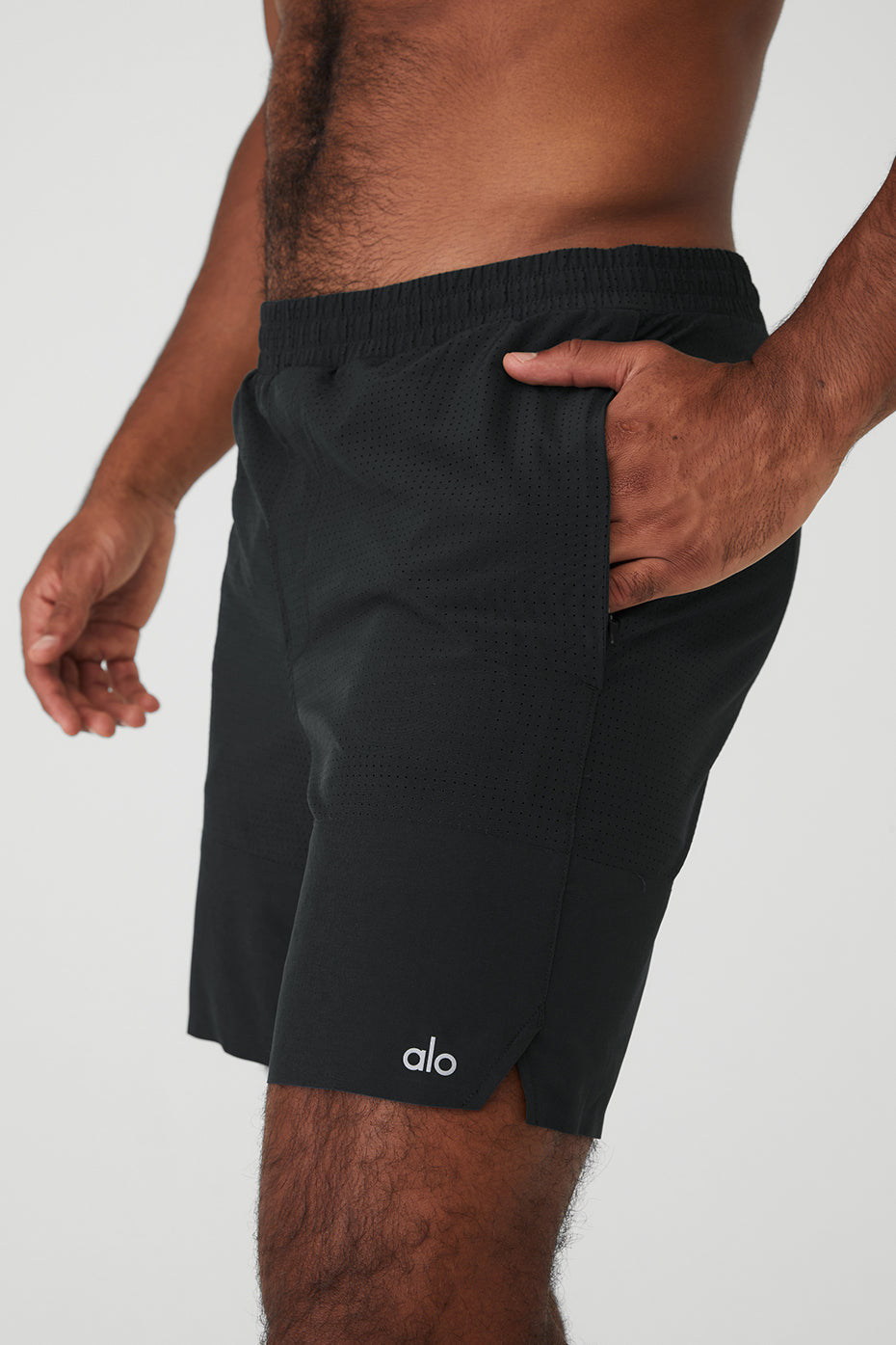Close-up of Traction gym shorts showing perforated fabric detail