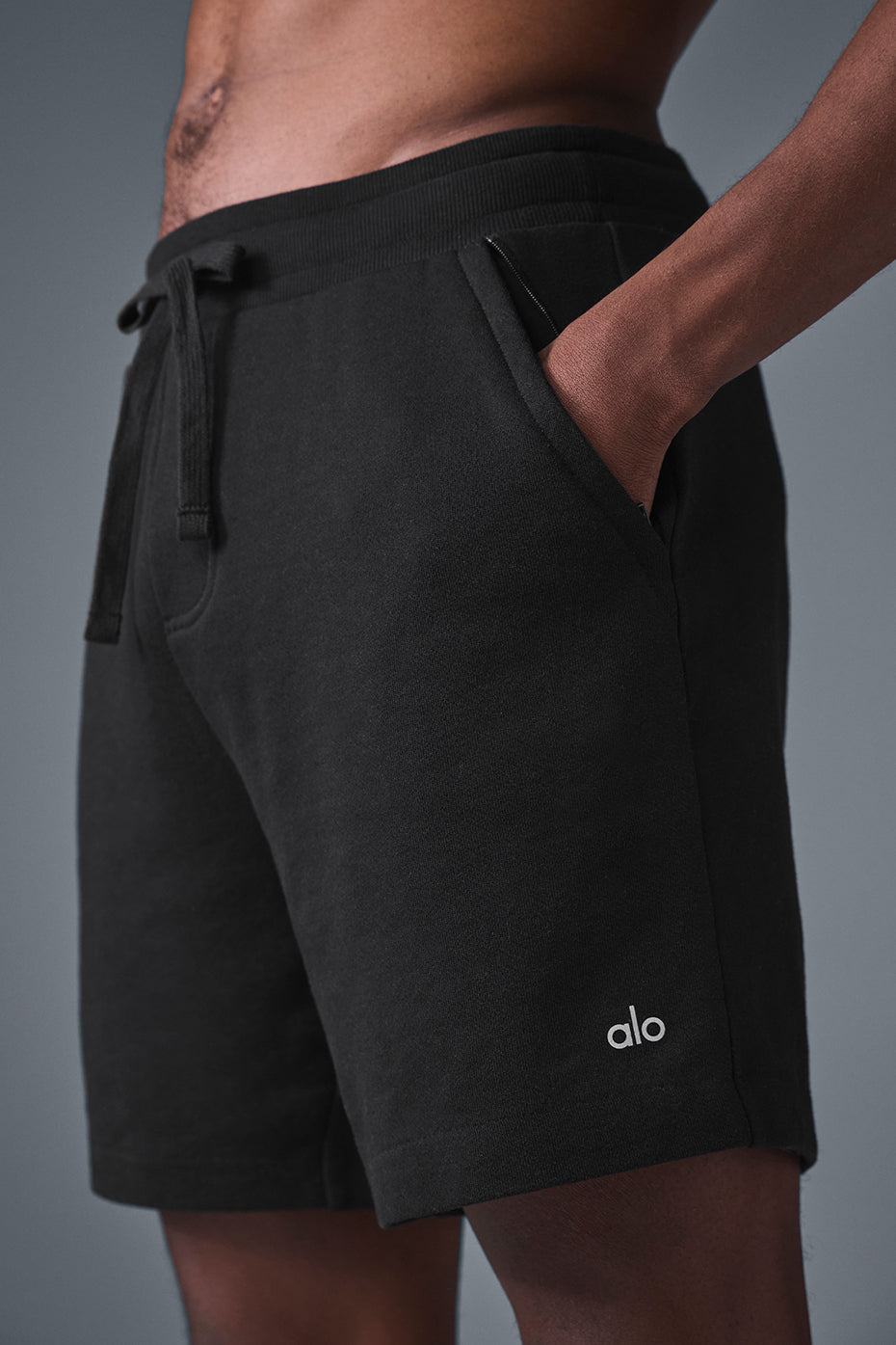 Front view of black Chill Lounge Shorts, showcasing French terry fabric.