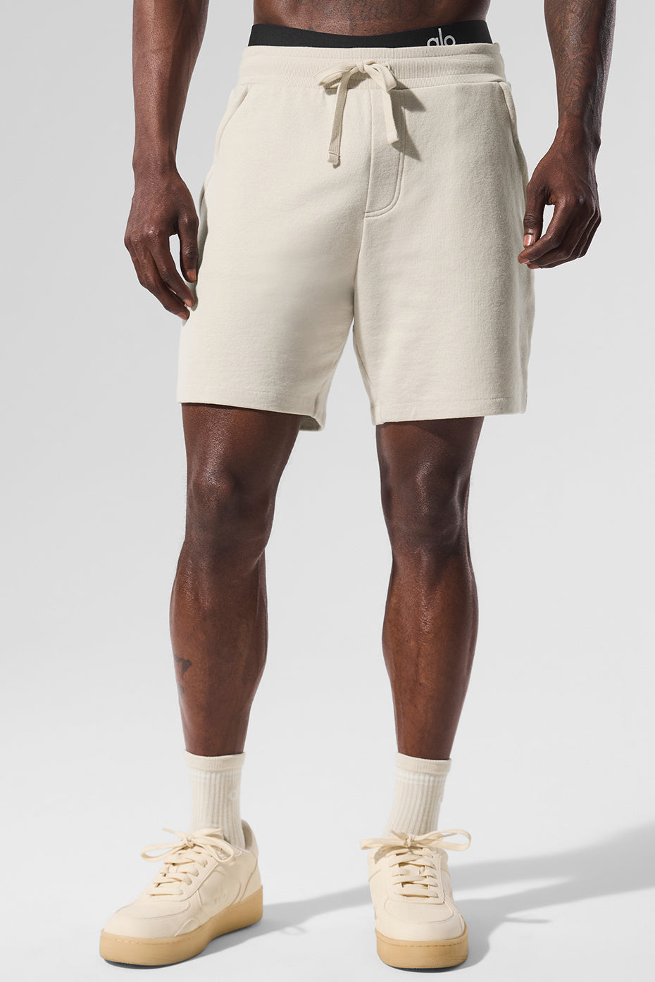 Front view of French terry men's shorts with drawstring waist