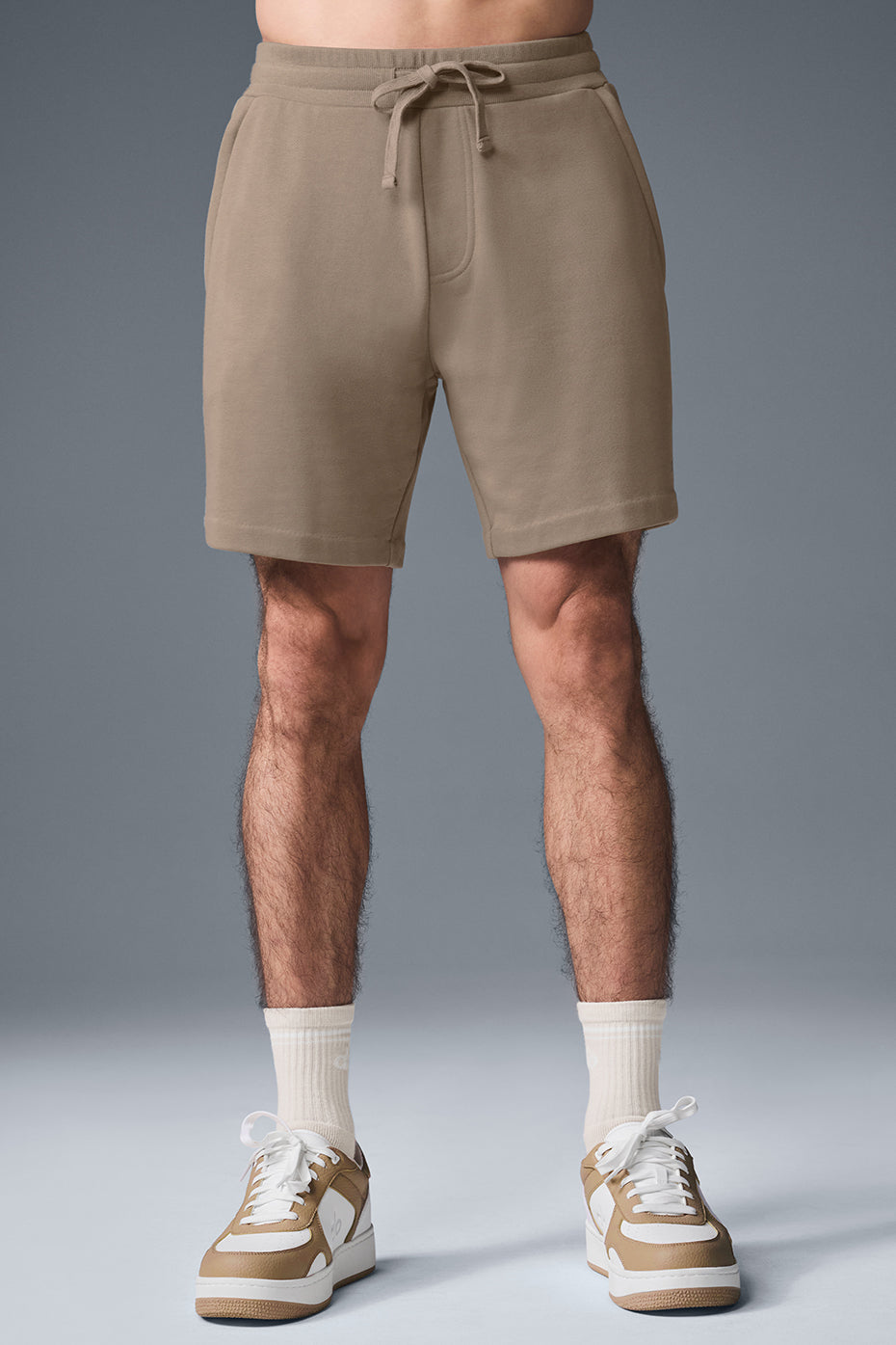 Front view of Chill French Terry Lounge Shorts in gravel, showcasing the drawstring and pockets.