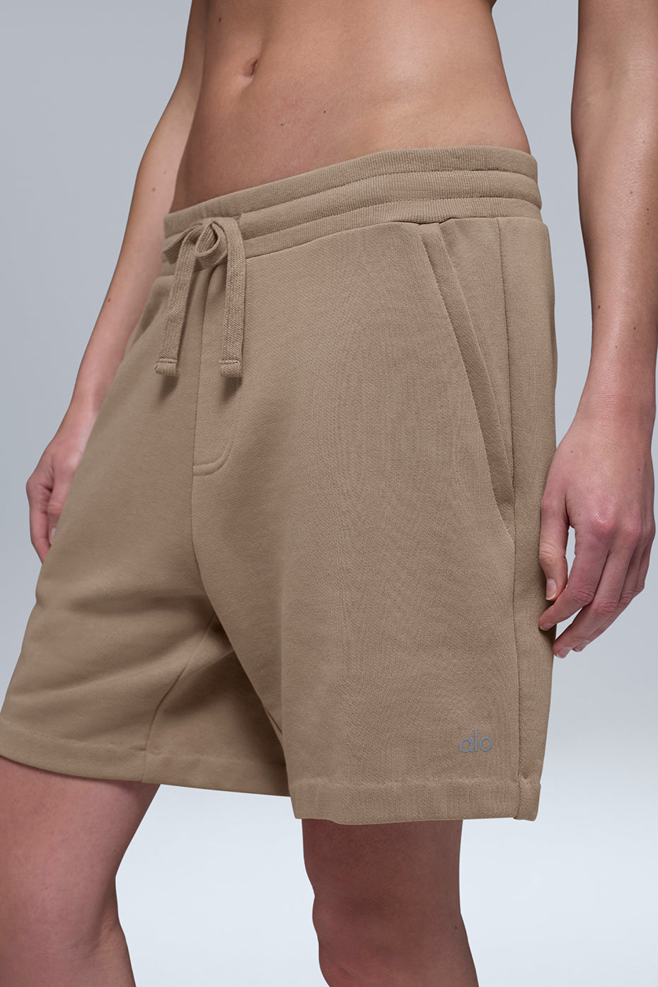 Front view of mens casual shorts in French terry fabric with drawstring, perfect for weekend wear
