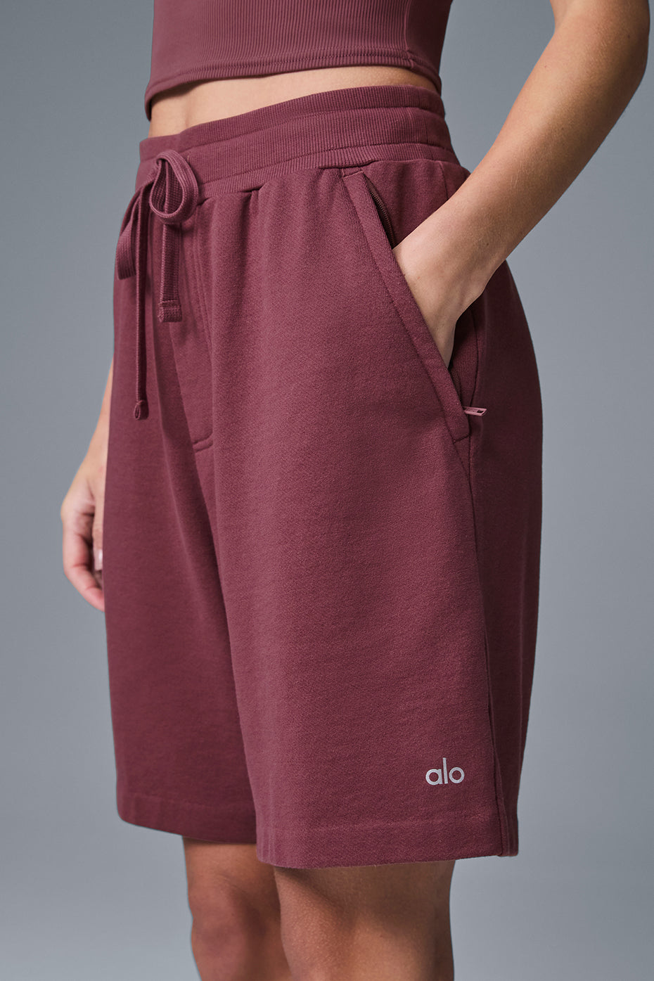 Close-up of mens french terry shorts with drawstring and side pockets