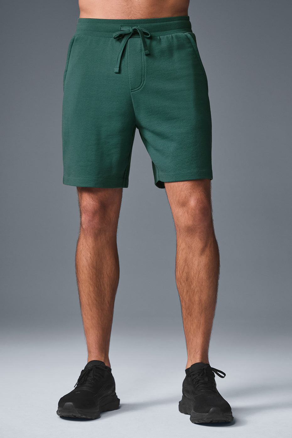 Front view of men's French terry shorts with drawstring and pockets in Winter Ivy