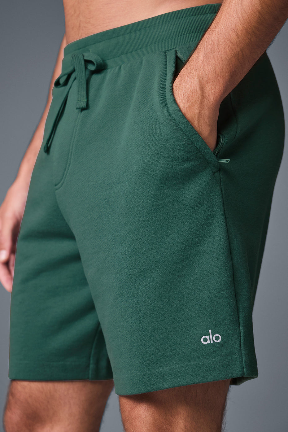 Front view of mens French terry shorts with drawstring and pockets in Winter Ivy