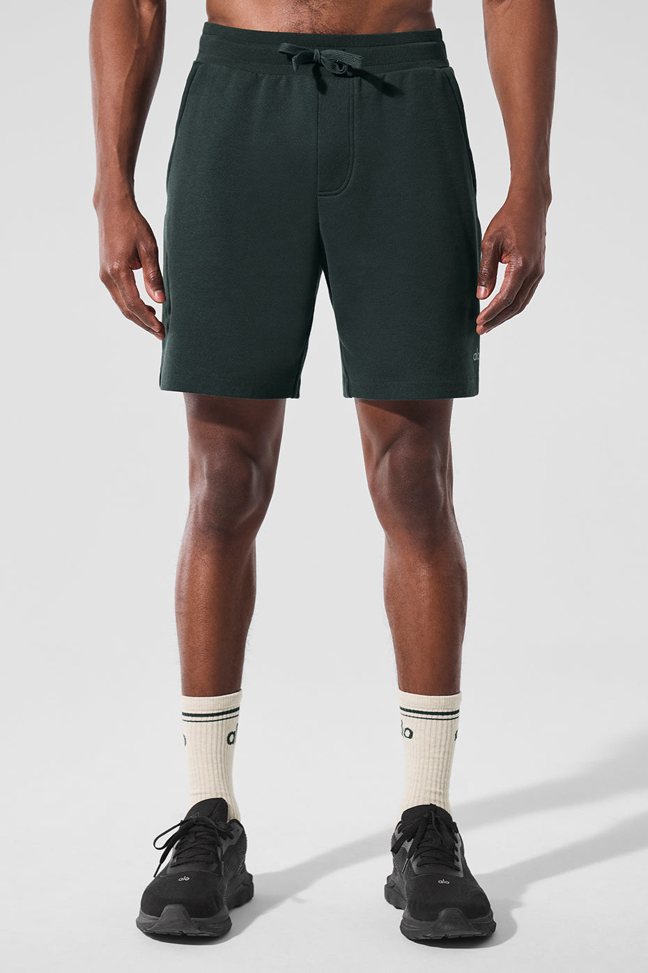 Front view of Chillax French terry shorts in charcoal green.