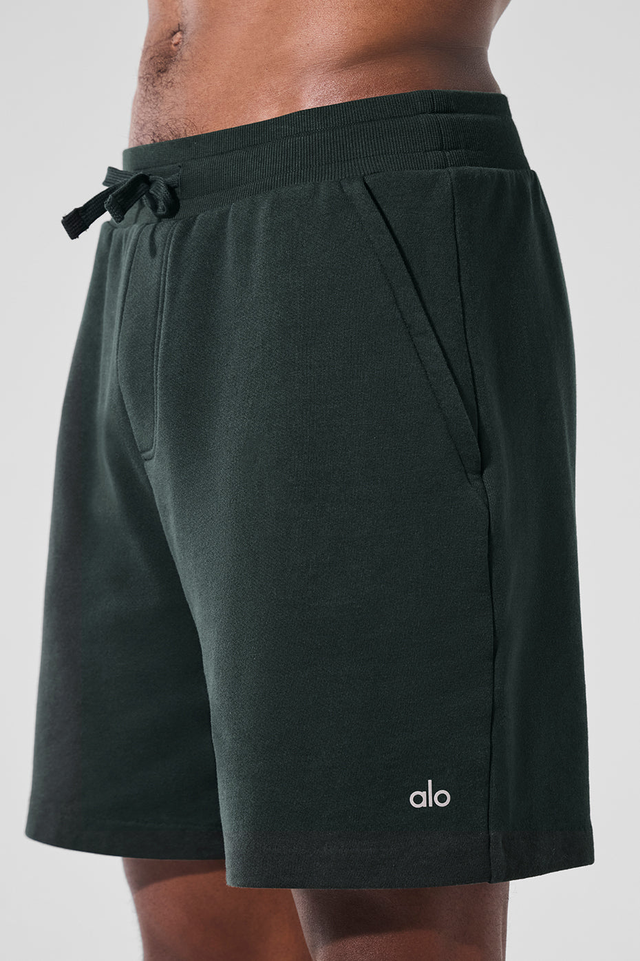 Front view of Chillax French terry shorts in charcoal green.