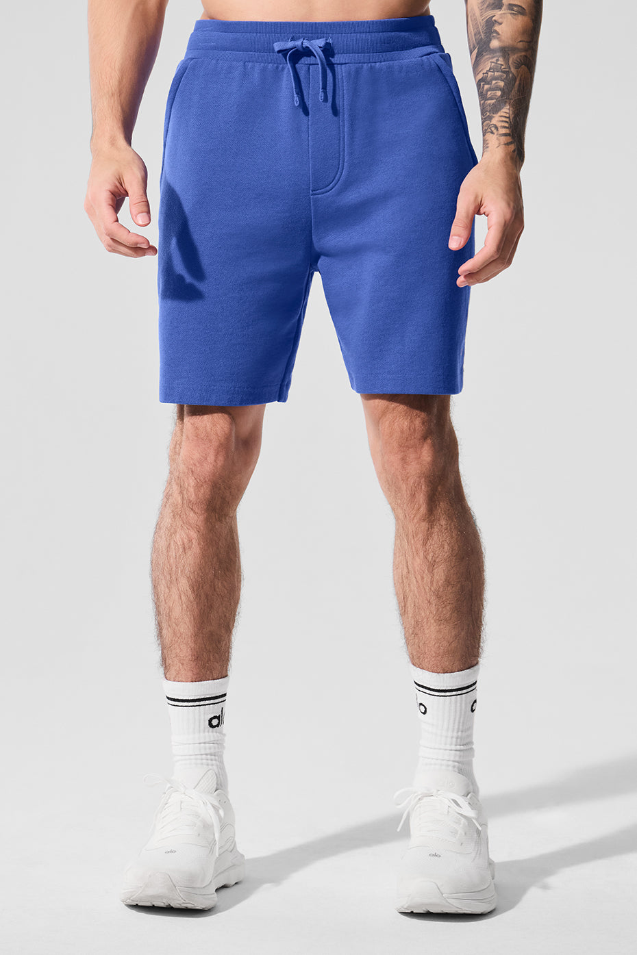 Front view of men's lounge shorts in Marathon Blue, showcasing the drawstring and pockets.