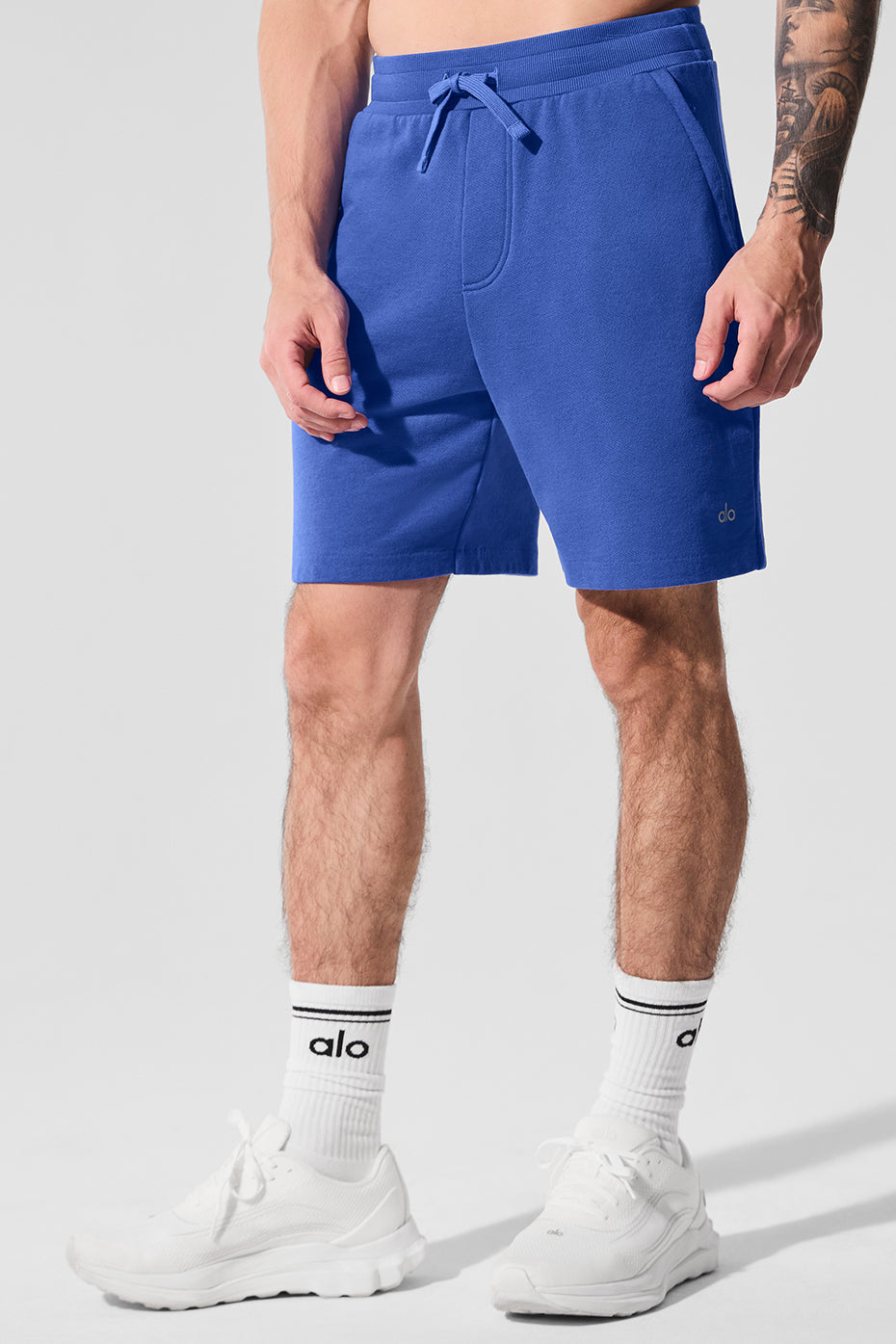 Front view of mens lounge shorts in Marathon Blue, showcasing the drawstring and pockets.