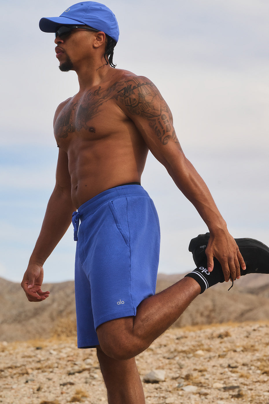 Side view of athletic shorts in Marathon Blue, ideal for workouts and lounging.