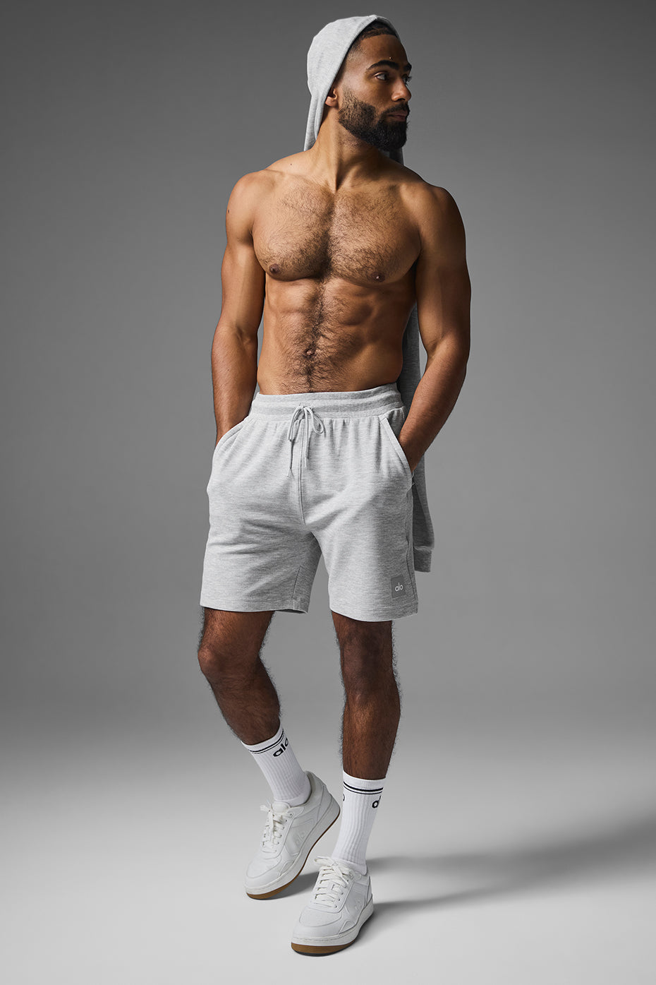 Front view of men's workout shorts in Athletic Heather Grey, showcasing the waffle knit texture.