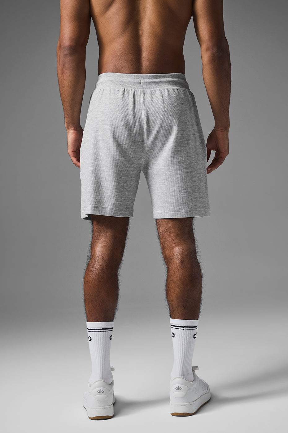 Front view of mens workout shorts in Athletic Heather Grey, showcasing the waffle knit texture.