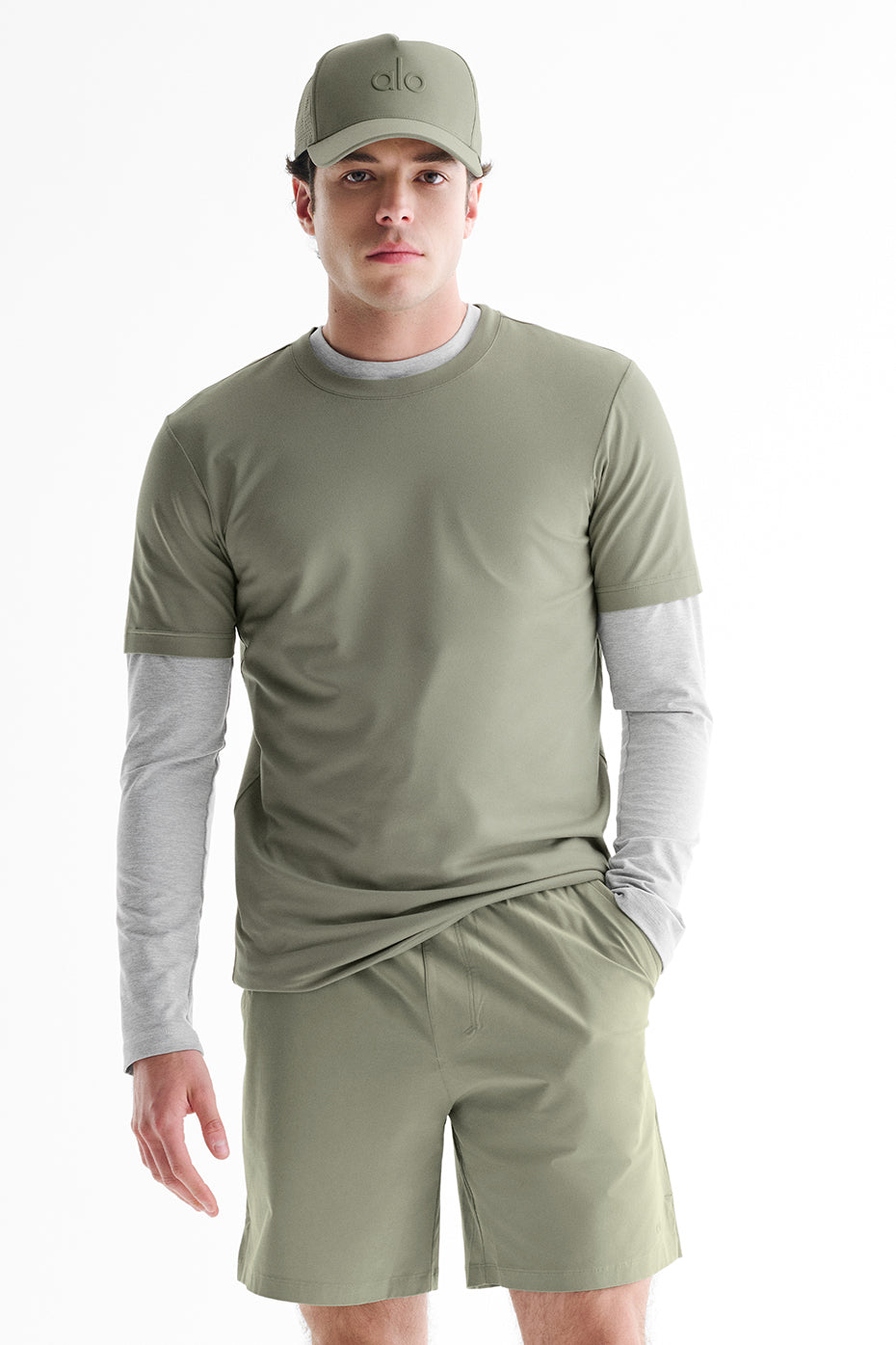 Close-up of mens lined workout shorts highlighting the fabric and internal drawcord.