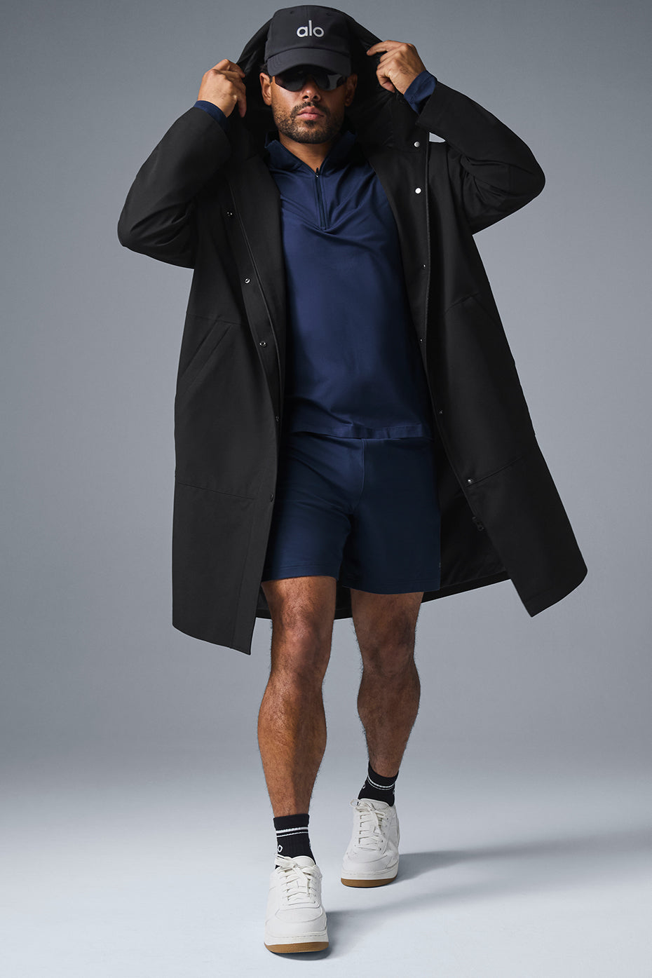 Mens navy lightweight workout shorts in action during outdoor training