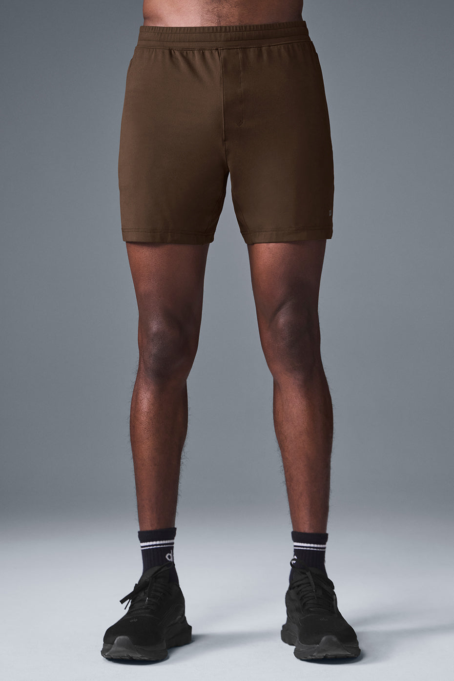 Front view of Conquer React Performance Shorts in Espresso, ideal for training.