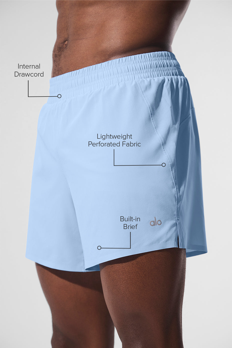 Front shot of lightweight athletic shorts showing breathable interior brief