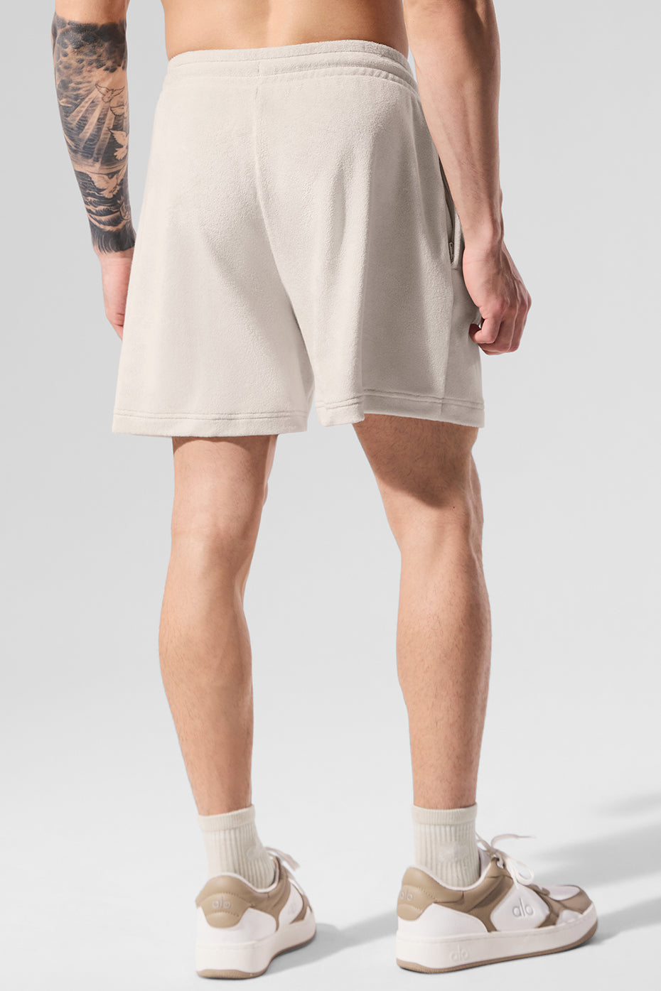 Close-up of the soft french terry fabric on mens coastal shorts