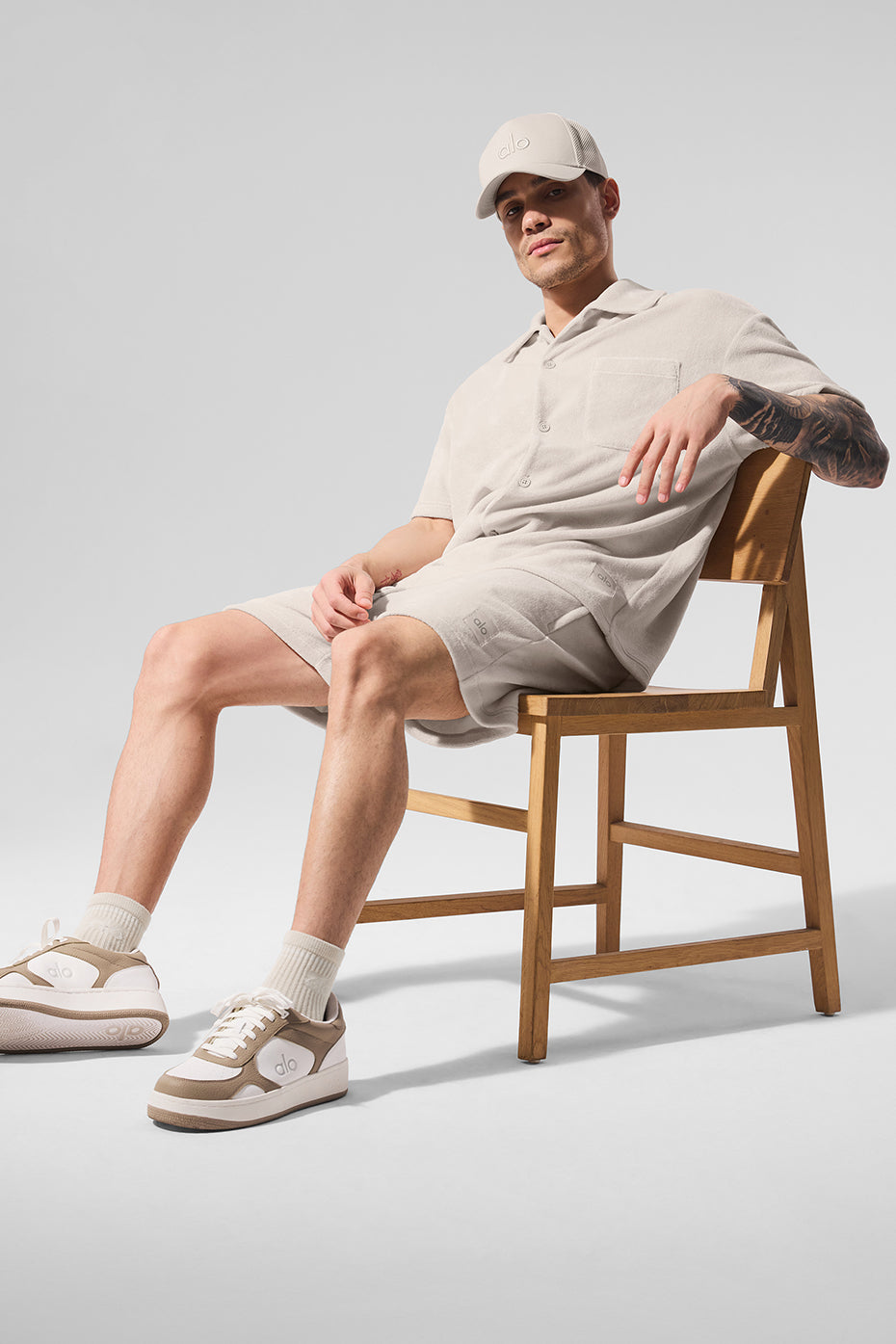 Front view of mens coastal terry shorts with zippered pockets and 7-inch hem