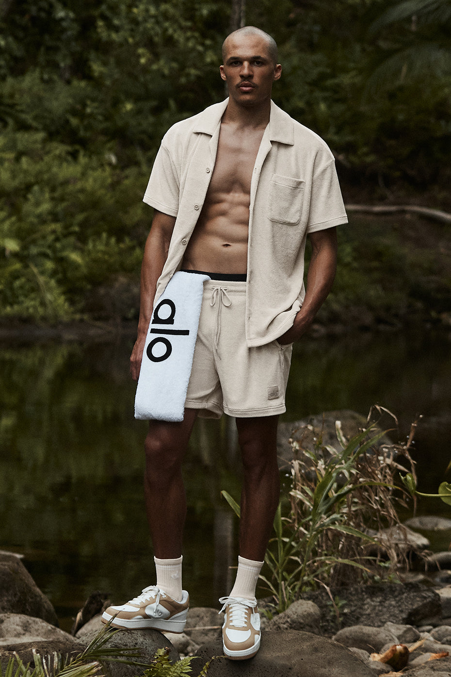 Close-up of the soft french terry fabric on mens coastal shorts