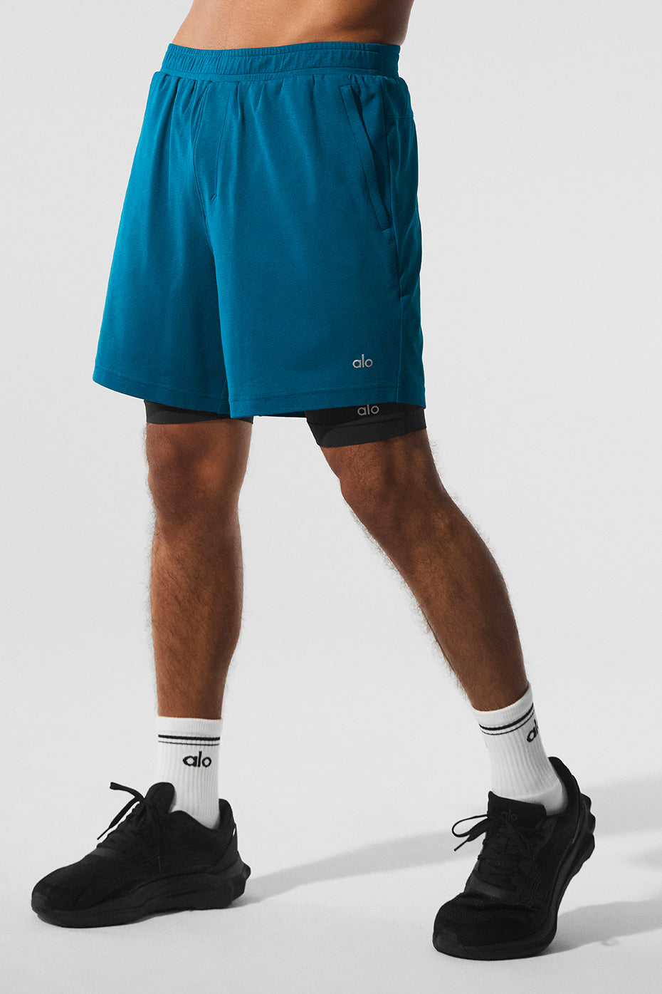 Front view of men's performance shorts with compression lining in Eclipse Blue