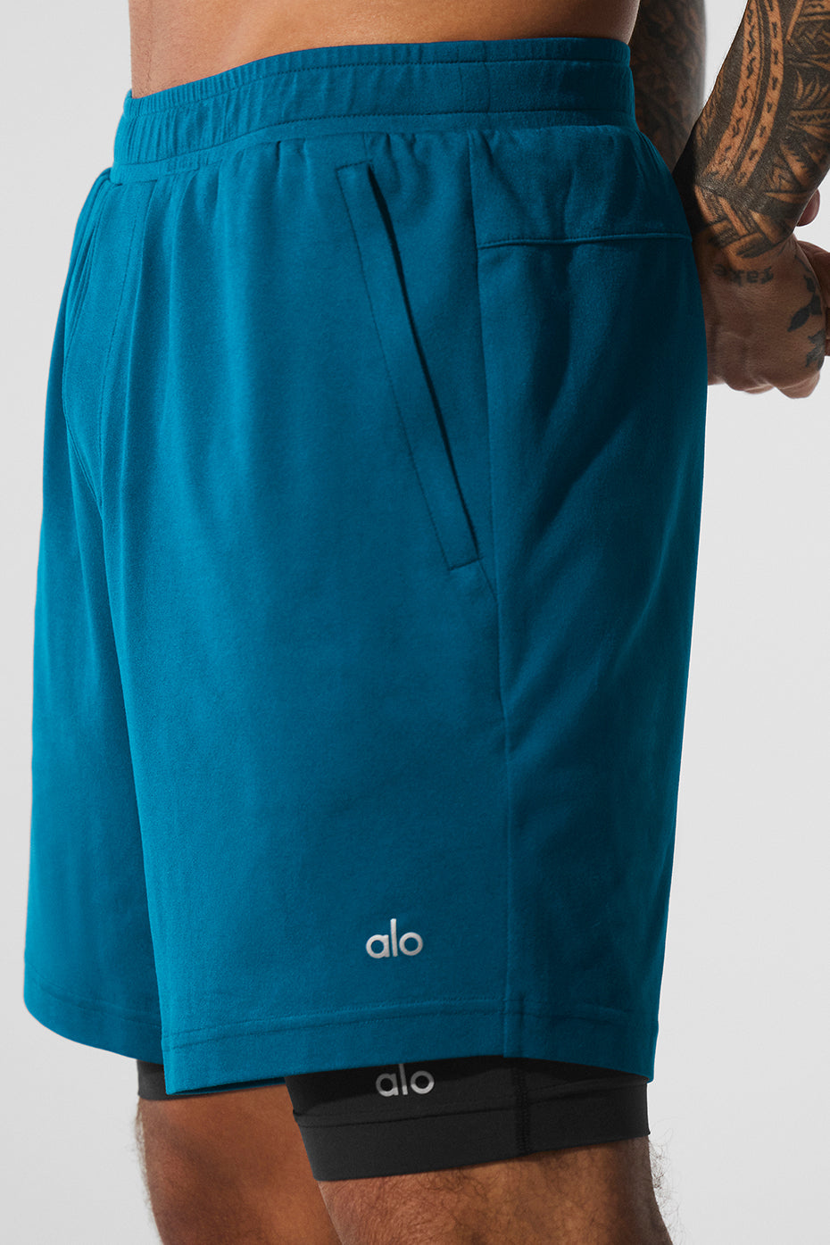 Front view of mens performance shorts with compression lining in Eclipse Blue