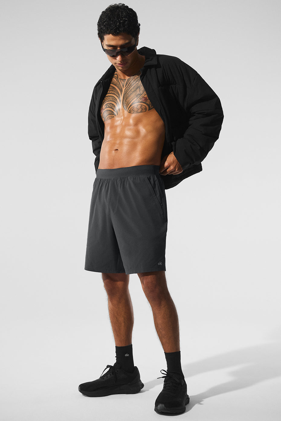 Front view of anthracite mens athletic shorts with elastic waistband and faux-fly