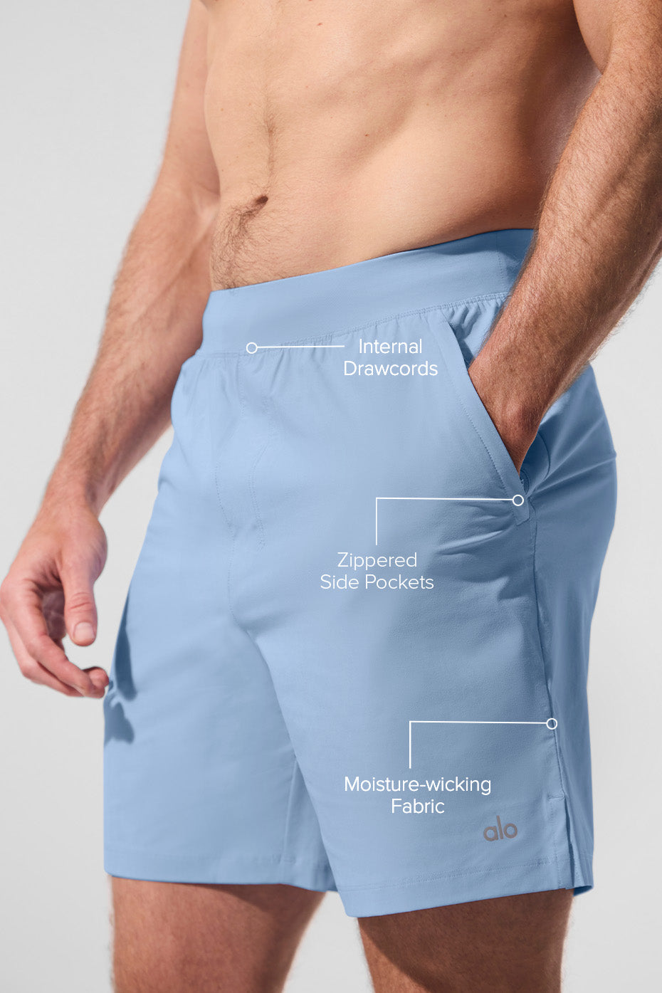 Close-up of moisture-wicking fabric on mens athletic shorts in seashell blue.