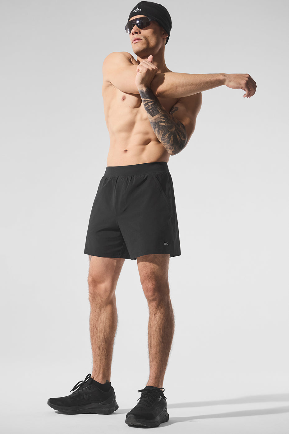 Front angle view of mens athletic shorts during a workout