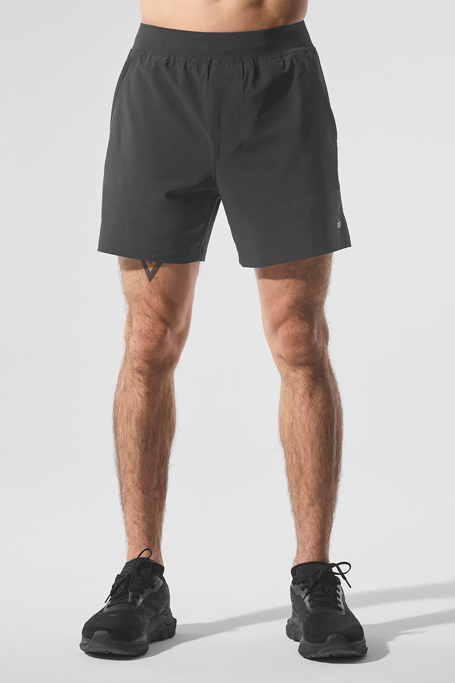 Front angle view of men's 5 inch inseam shorts showing fit and texture