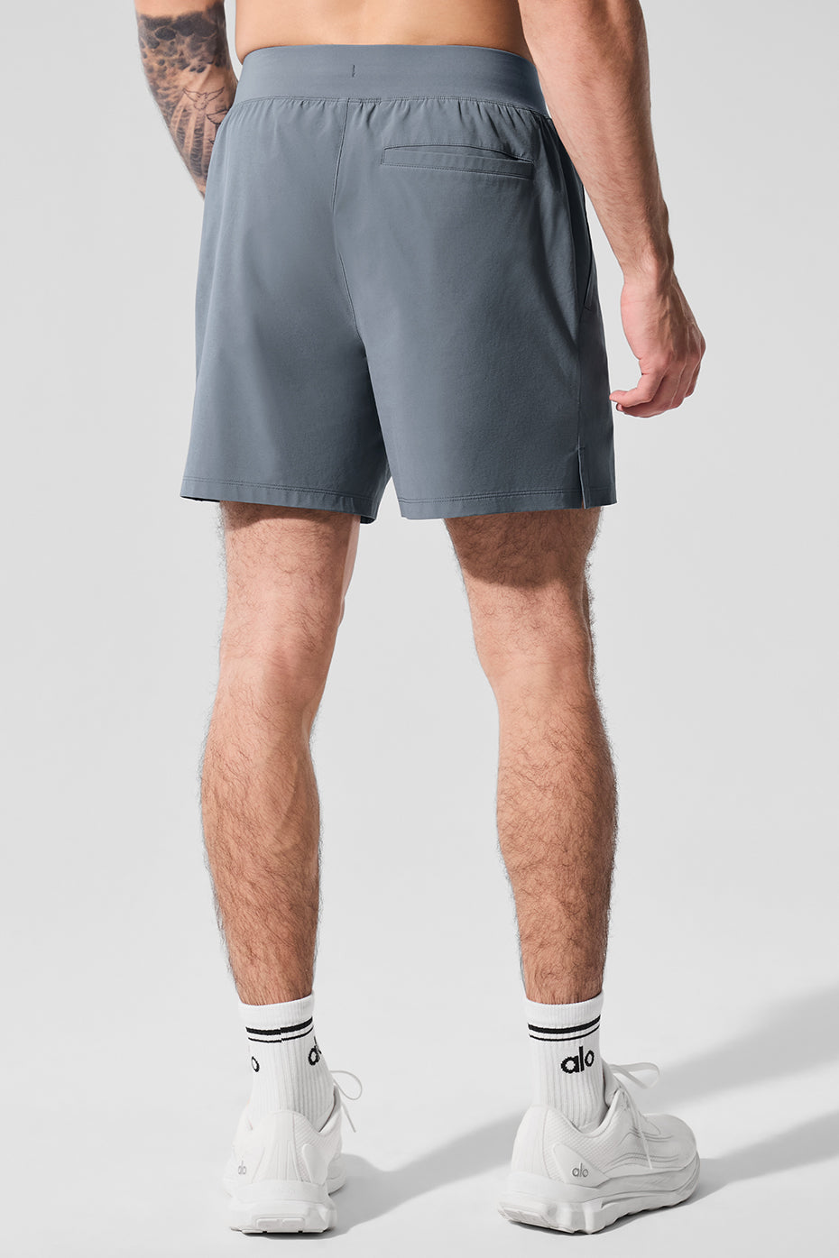 Side angle of Steel Grey athletic shorts, showcasing the fit and design.