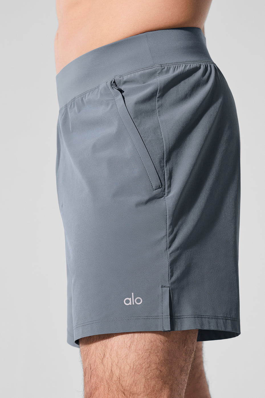 Front view of Steel Grey 5-Inch Fitness Shorts on a model during a workout.
