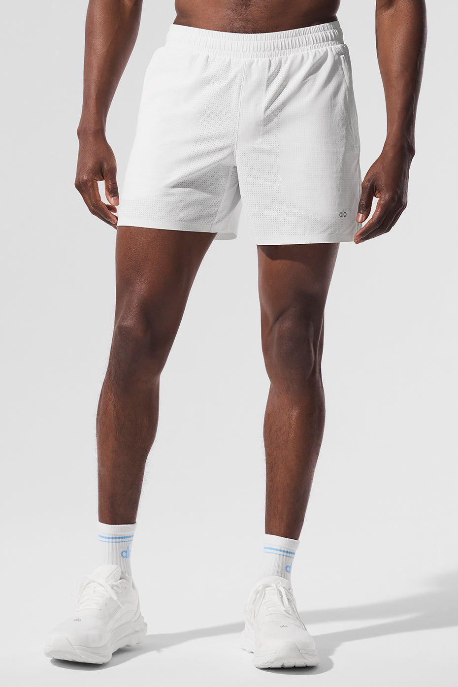 Front view of lightweight 5-inch running shorts for men in white.