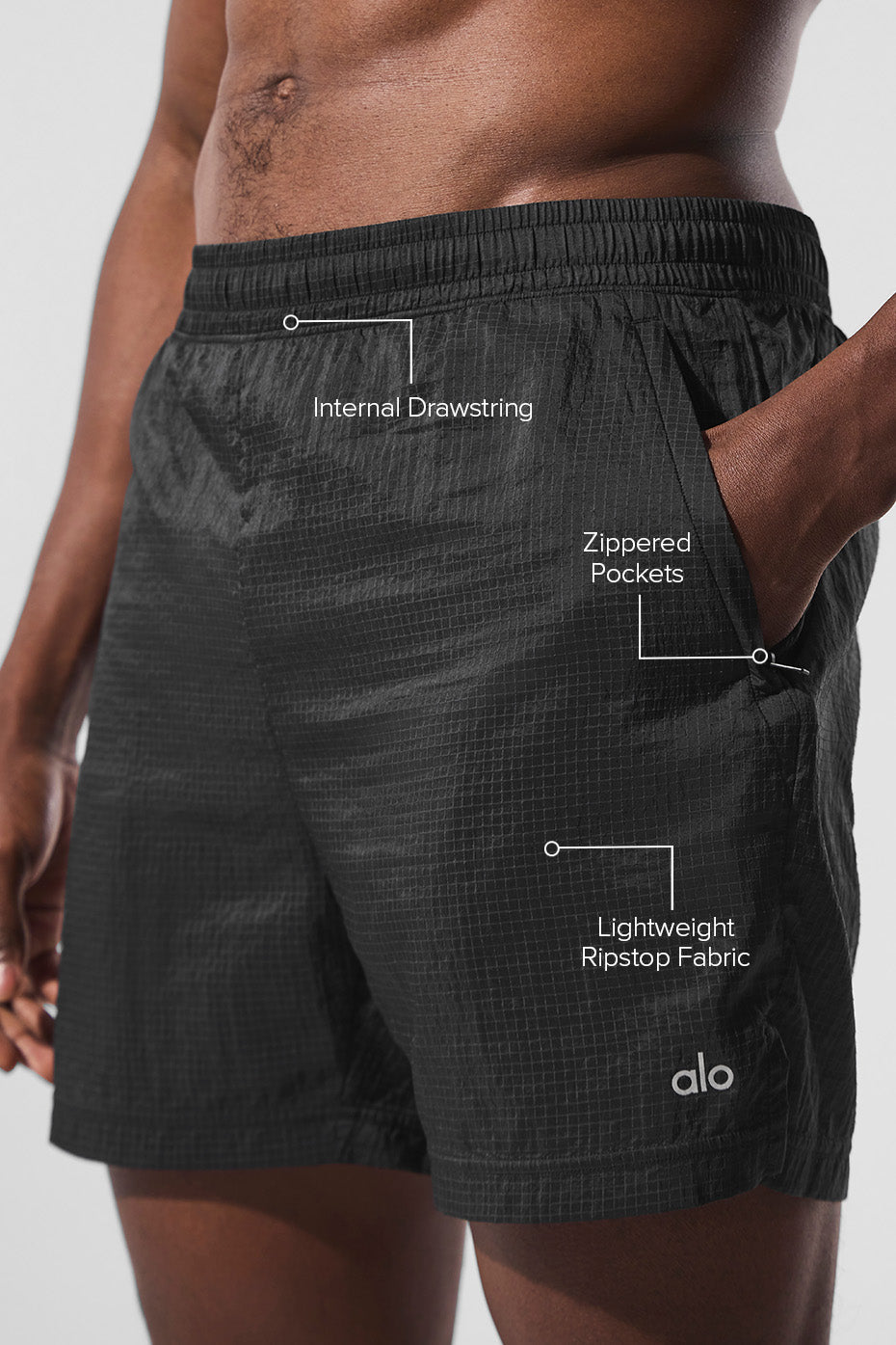 Detail shot of ripstop fabric and zippered pocket on black shorts