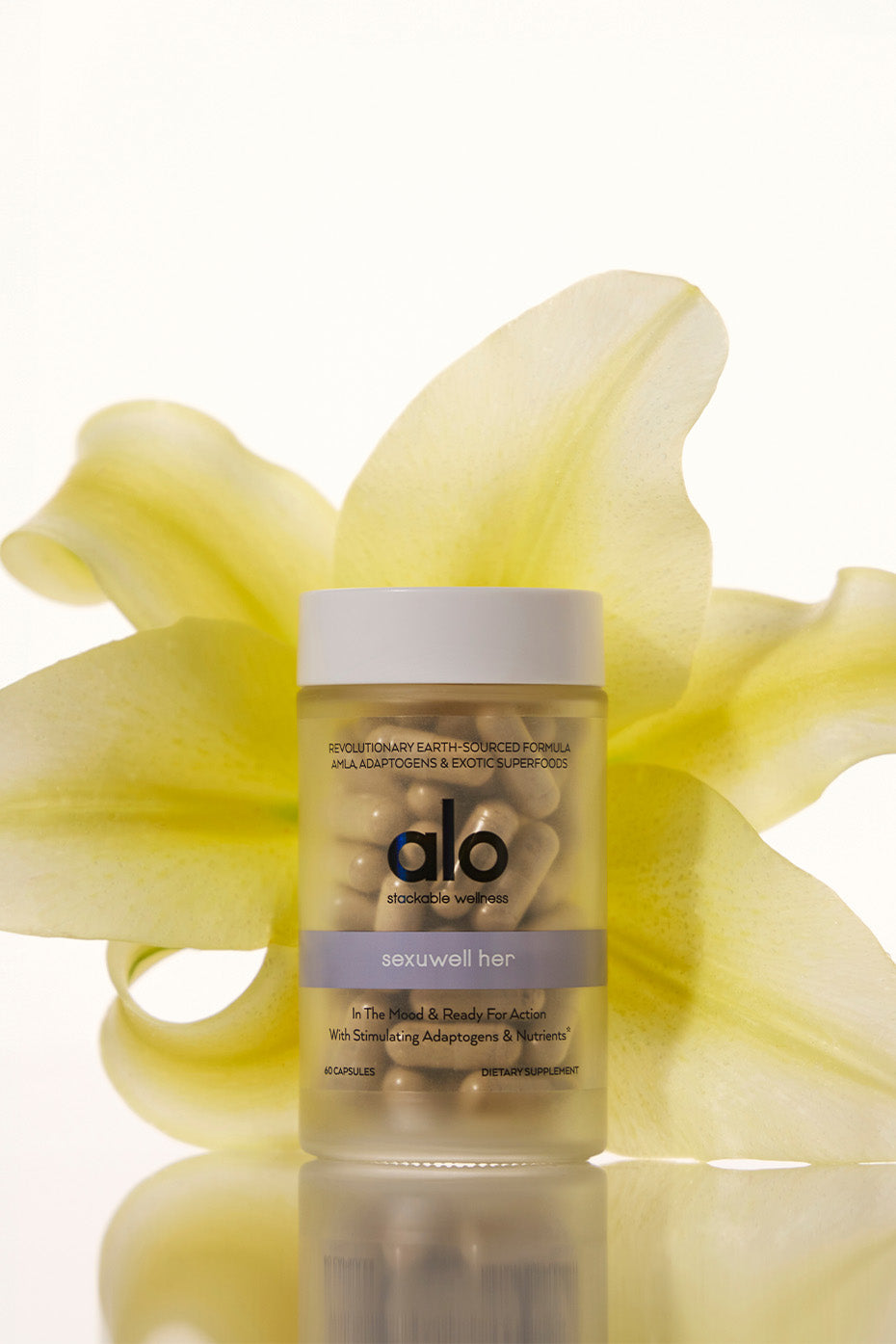 Elysium Her Arousal Capsules displayed with natural ingredients, emphasizing their vegan and cruelty-free nature.