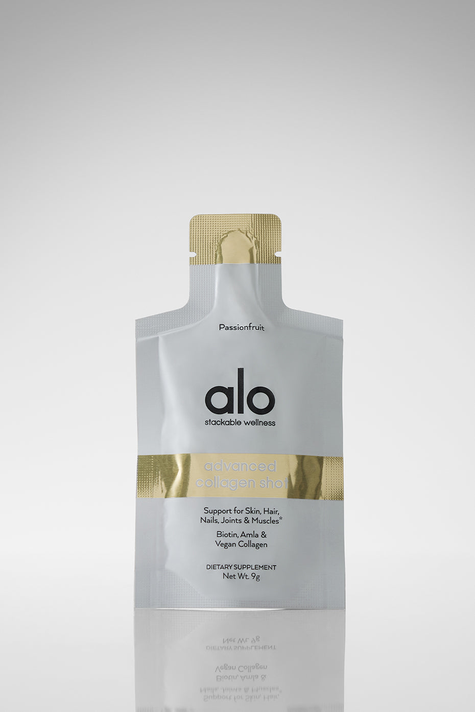 Radiant vegan collagen shots in a vibrant Passionfruit flavor sachet.
