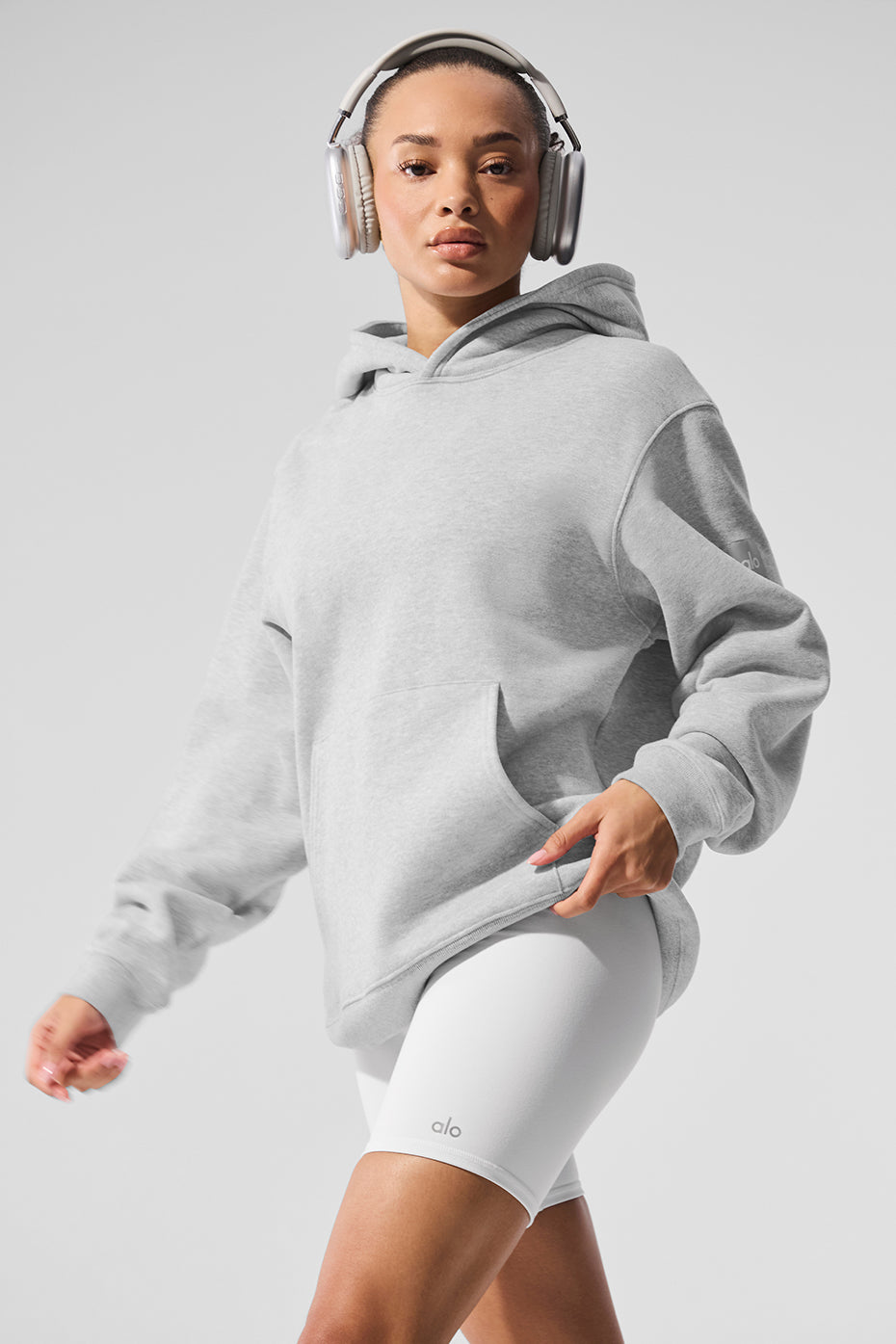 Front view of heavyweight zip up hoodie in athletic heather grey.