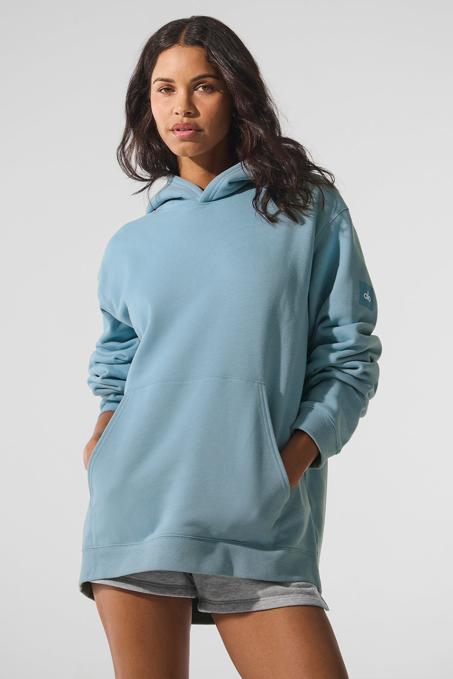 Front view of heavyweight hoodie in Celestial Blue with structured hood and kangaroo pocket
