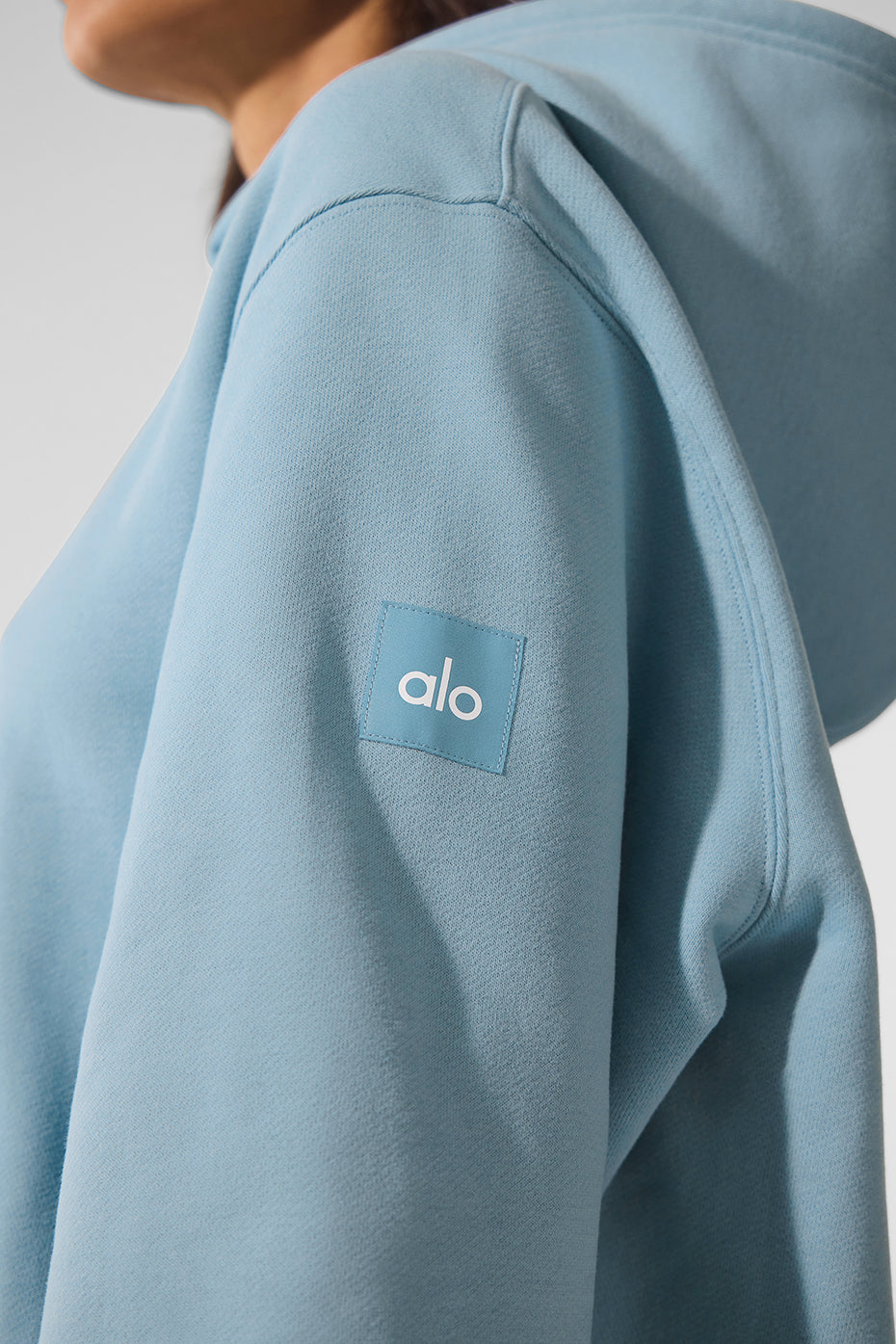 Front view of heavyweight hoodie in Celestial Blue with structured hood and kangaroo pocket