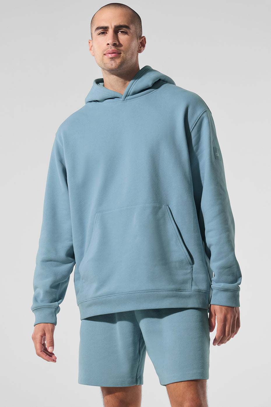 Front view of celestial blue heavyweight oversized hoodie