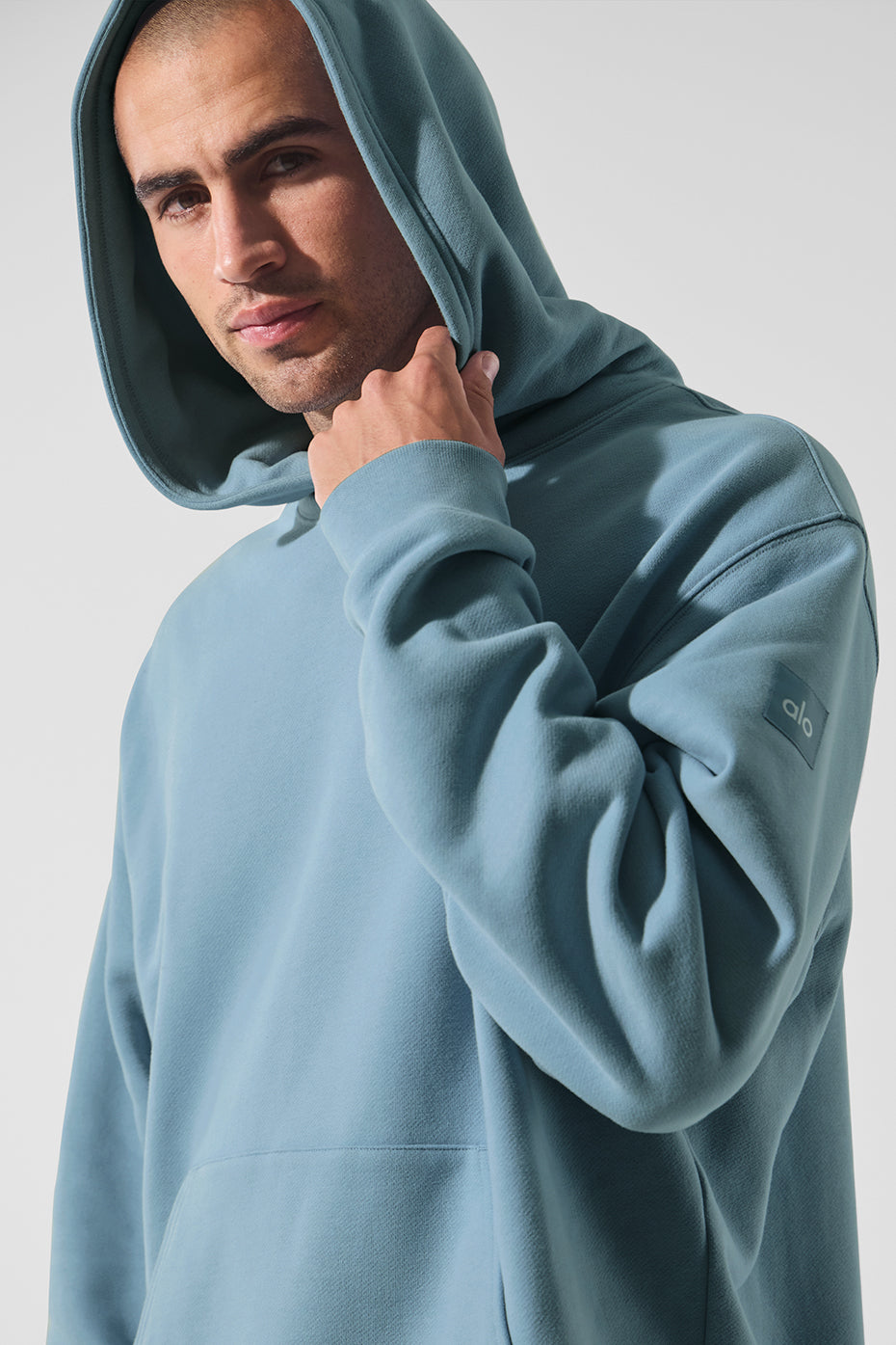 Close-up of kangaroo pocket on heavyweight hoodie