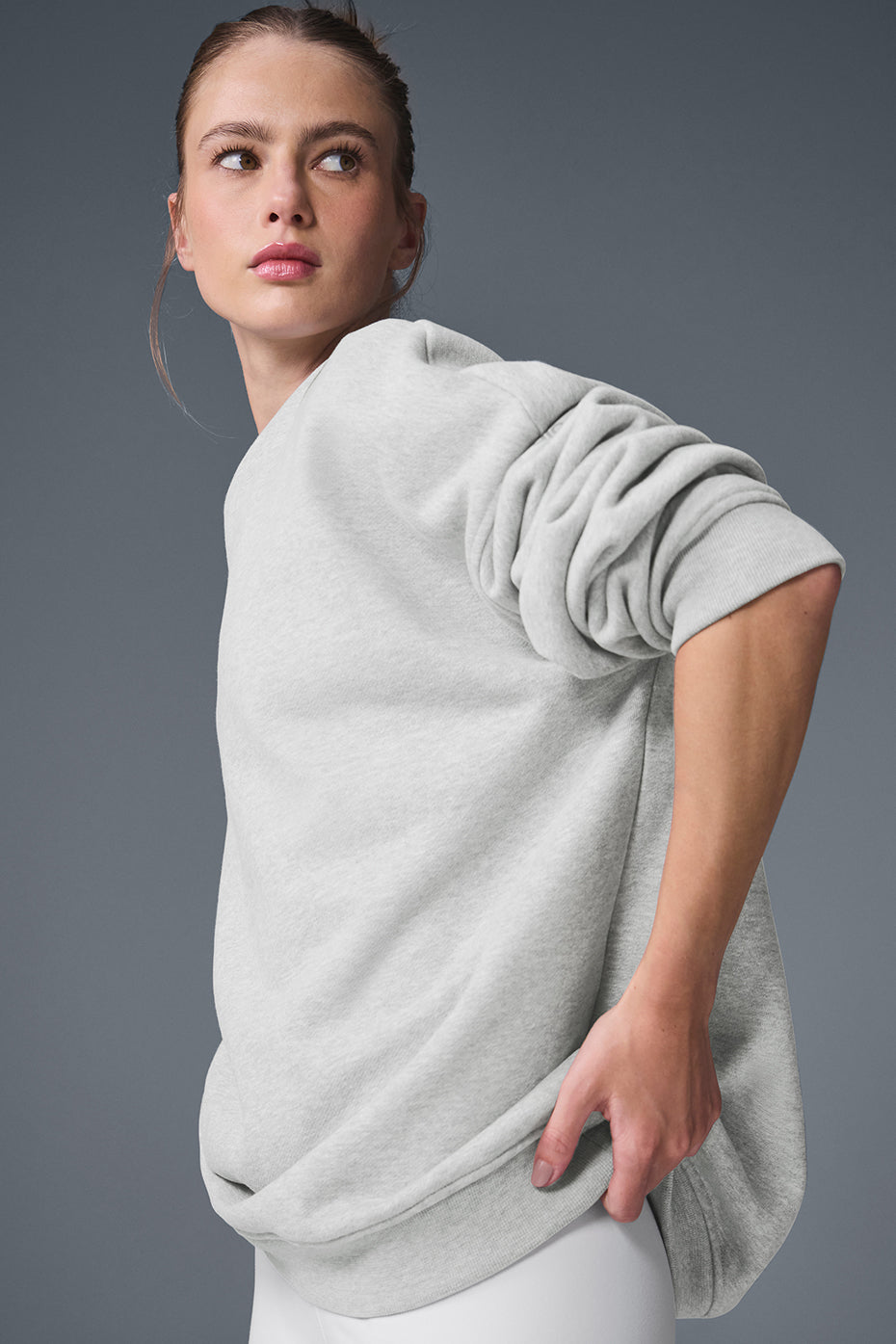 Close-up of heavyweight sweatshirt fabric texture and sleeve cuff detail
