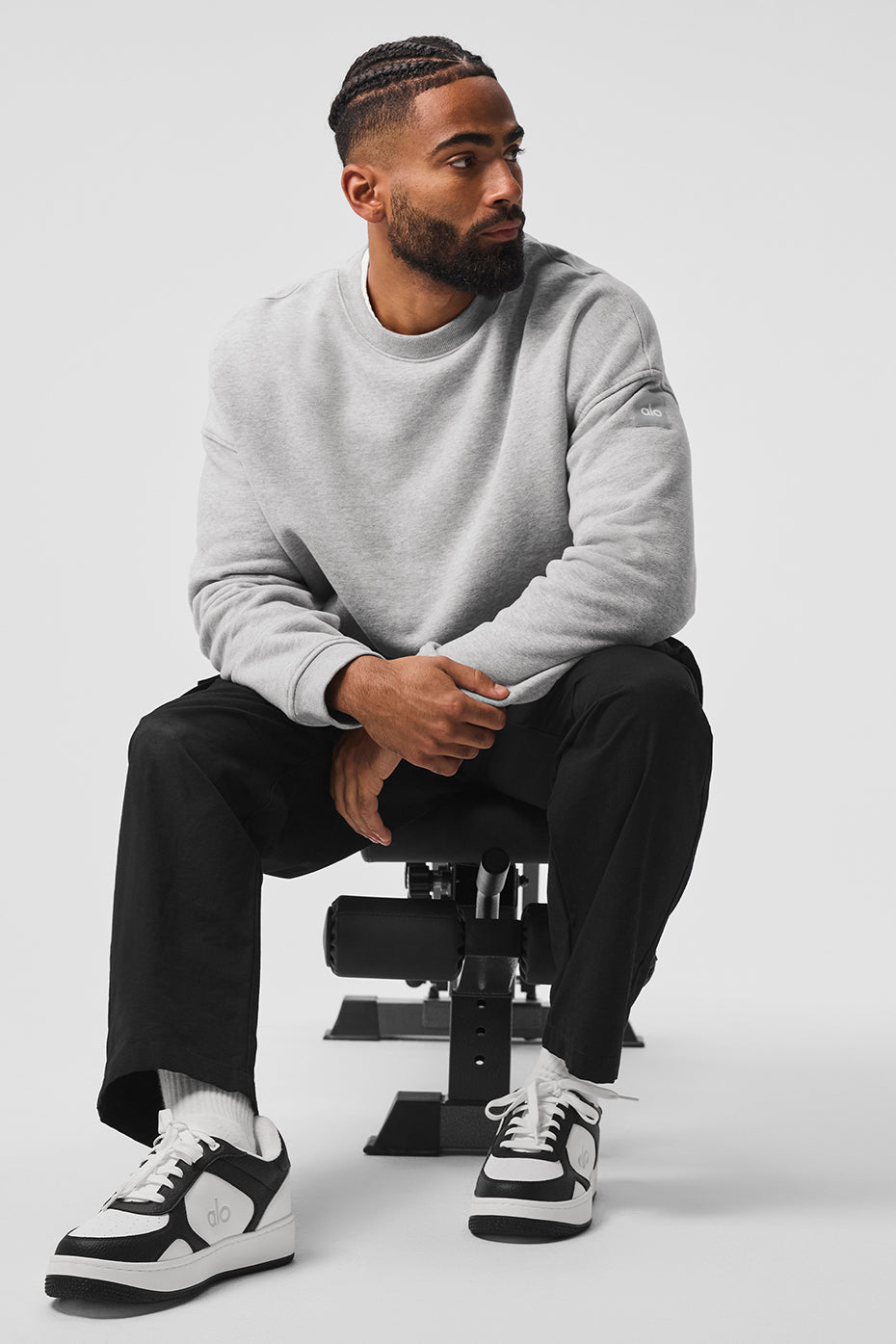 Front view of the accolade heavyweight crew neck pullover in Athletic Heather Grey.