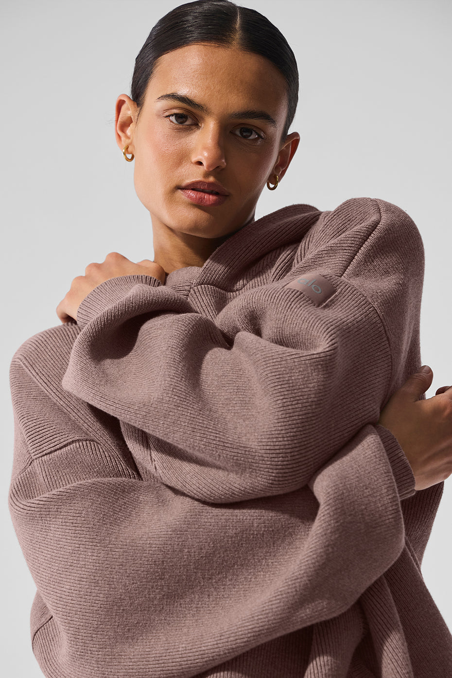 Front view of the ultra-soft cotton hooded sweater in mushroom heather.