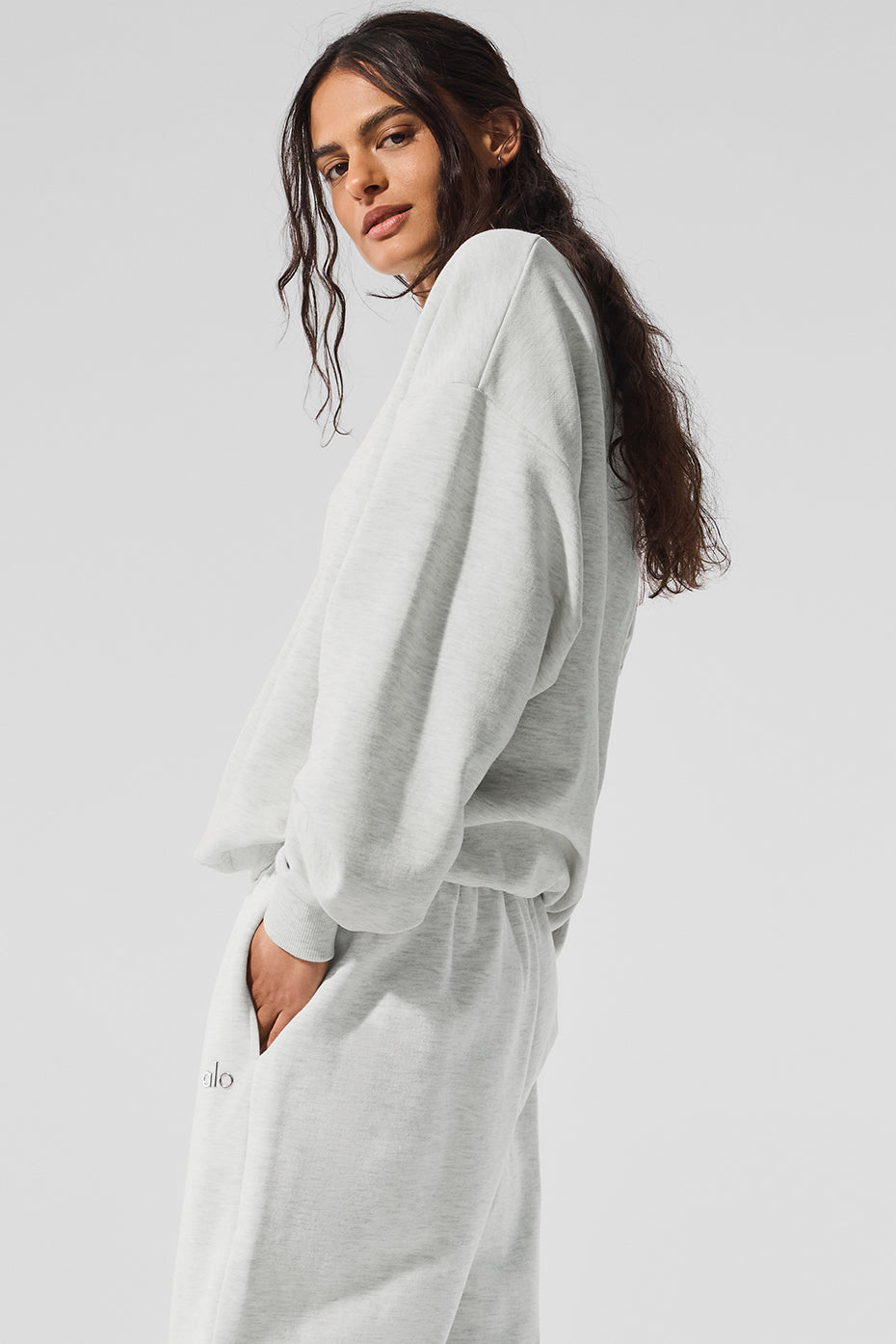 Model wearing the crew neck sweatshirt paired with casual jeans for a laid-back look