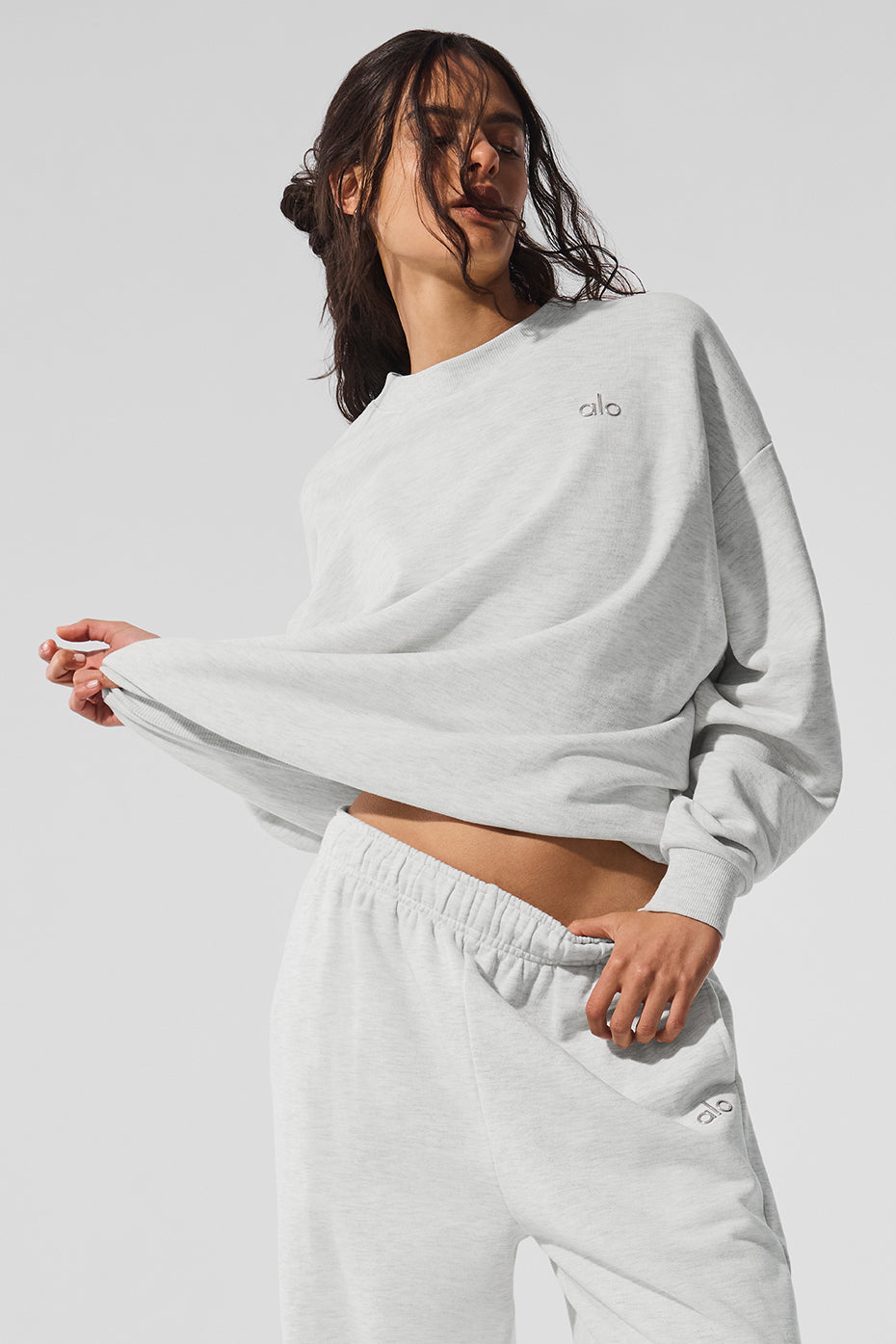 Close-up of the ribbed cuffs and hem on the cozy French terry crew sweatshirt