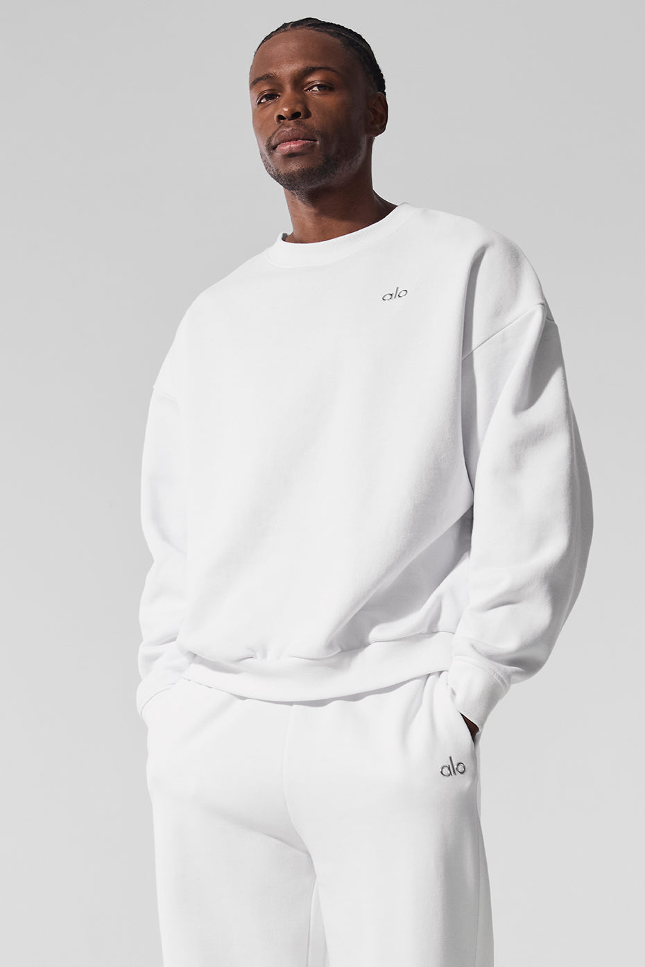 Front view of Accolade men's crewneck sweatshirt in white with logo.
